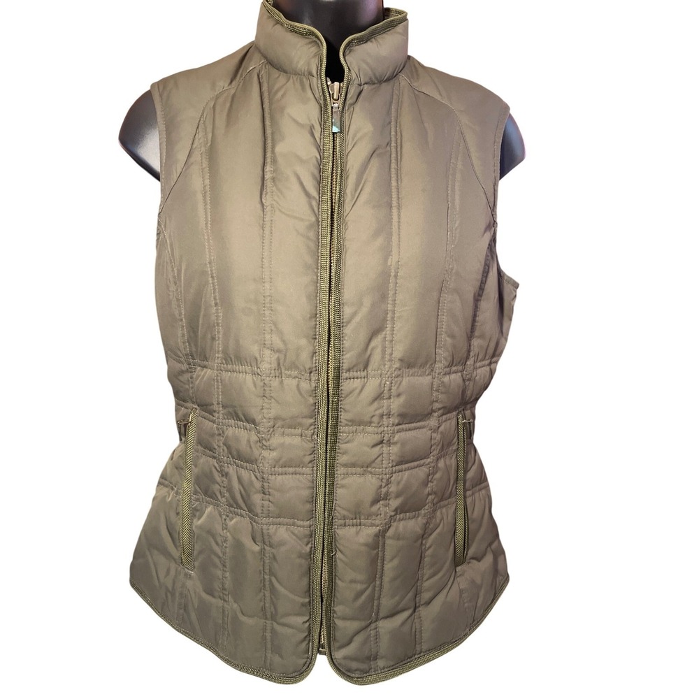 Eddie Bauer Womens Quilted Down Vest Olive‎ Green Zip Pockets Stand Collar XS